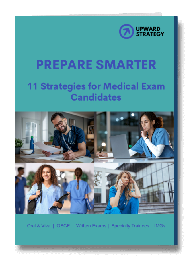 eBook cover titled "Prepare Smarter: 11 Strategies for Medical Exam Candidates" with four photos of medical professionals studying and working; includes "Upward Strategy" logo at the top.